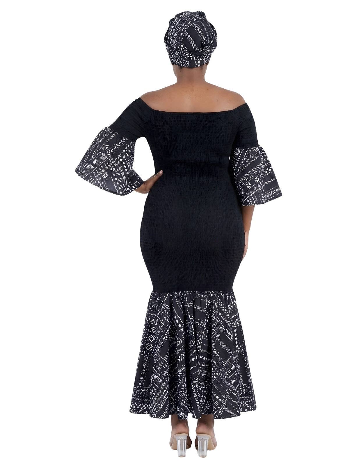 African Trim Black Long Smocked Mermaid/Fish Tail Dress | One Size & Plus Size: One Size