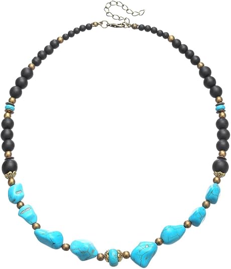 Beaded Necklace for Men,Handmade Men Turquoise Beaded Choker,Natural Wood Bead Necklaces Africa Wooden Chain Statement Unisex Strand Necklaces Hip Hop Beach Jewelry