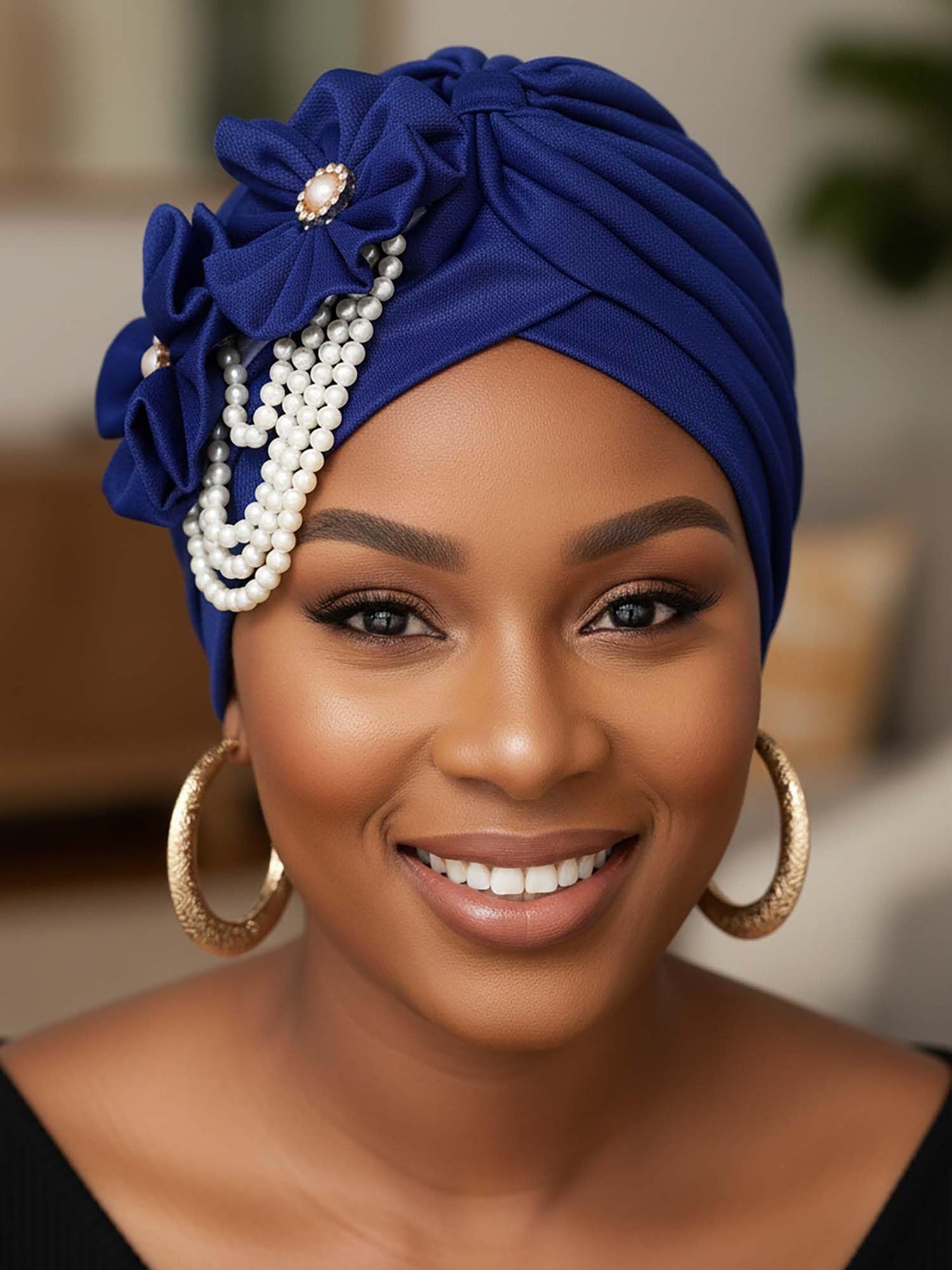 Woeoe Pearl Flower African Hats Pre-Tied Turbans Stretchy Twisted Church Wedding Head Wraps for Women