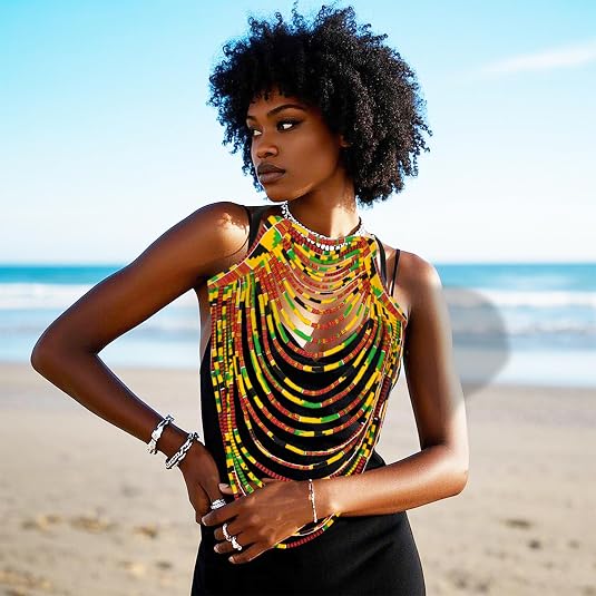 African Necklace for Women Ankara Multi-Strand Cord Cotton African Fabrics Necklace