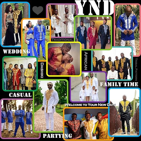YND Men’s 2 Piece Set African Dashiki Shirt and Pants, Outfit with Gold Print