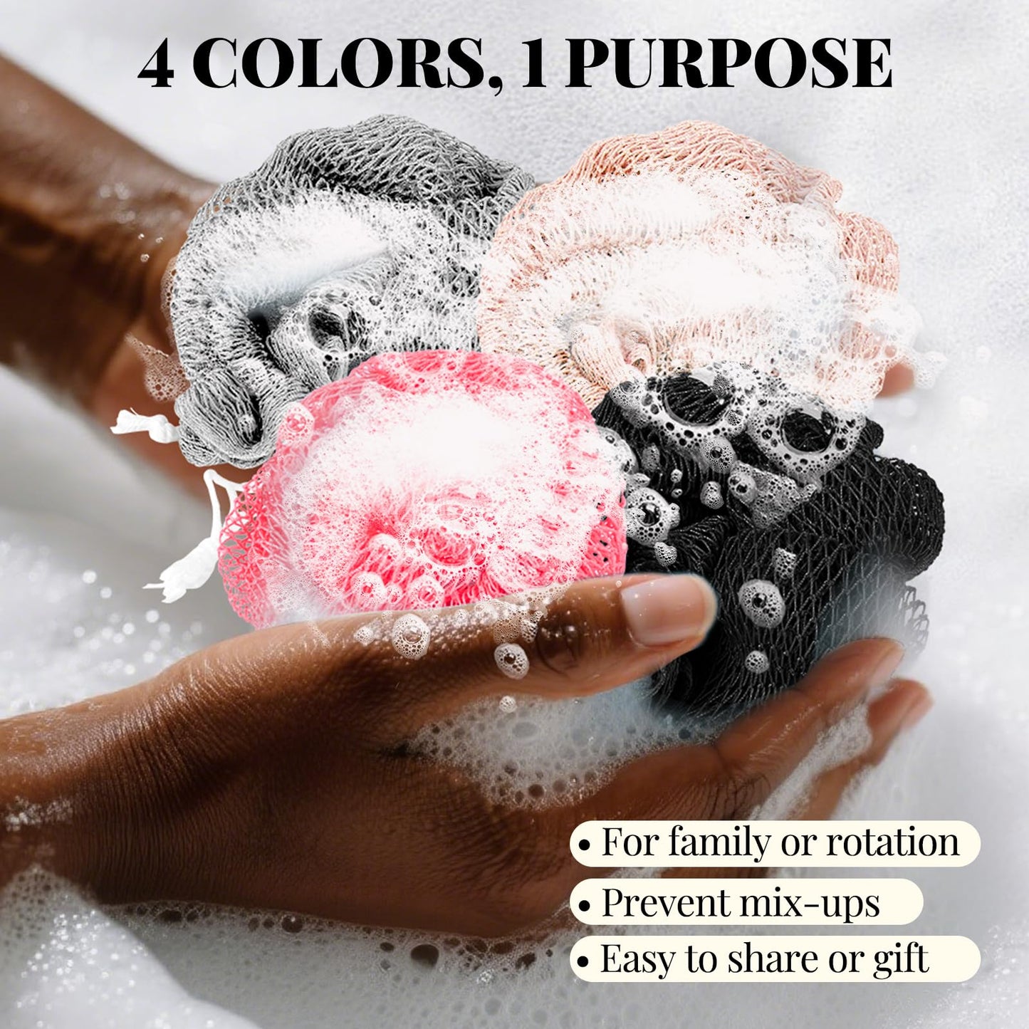 African Net Sponge Authentic-4 Packs African Exfoliating Net Sponge,Bath Sponges for Shower,42 inch Long for Normal to Sensitive Skin, for Daily use, Body Exfoliator Shower (Green,Pink,Blue,Grey)