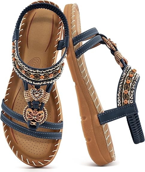 Aomigoct Sandals Women Flat Shoes: Dressy Summer Bohemian Flats Shoes for Women Sandals Comfortable Ankle Strap Outdoor Walking