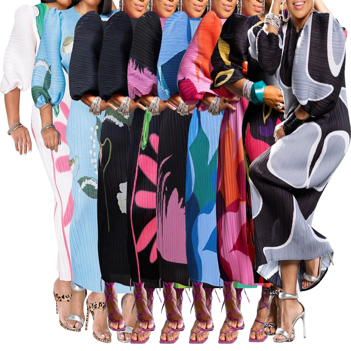 Women Colorful African Dress Floral Party Pleated Maxi Dress