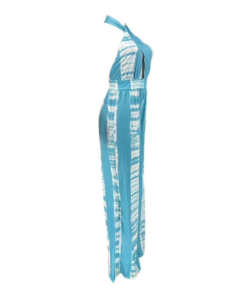 Print halter backless high waist wide leg jumpsuit: ORANGE / 1-1-1-1 / S-M-L-XL
