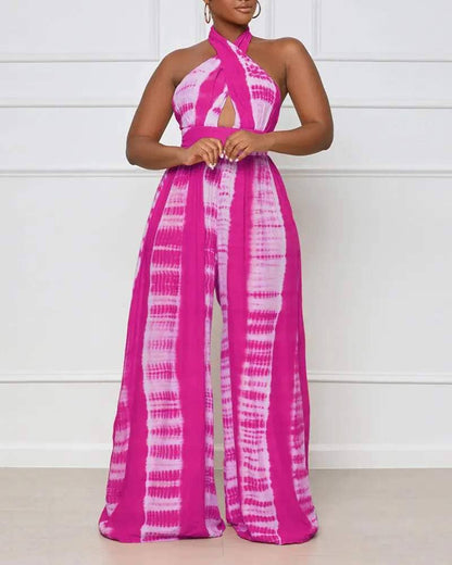 Print halter backless high waist wide leg jumpsuit: ORANGE / 1-1-1-1 / S-M-L-XL