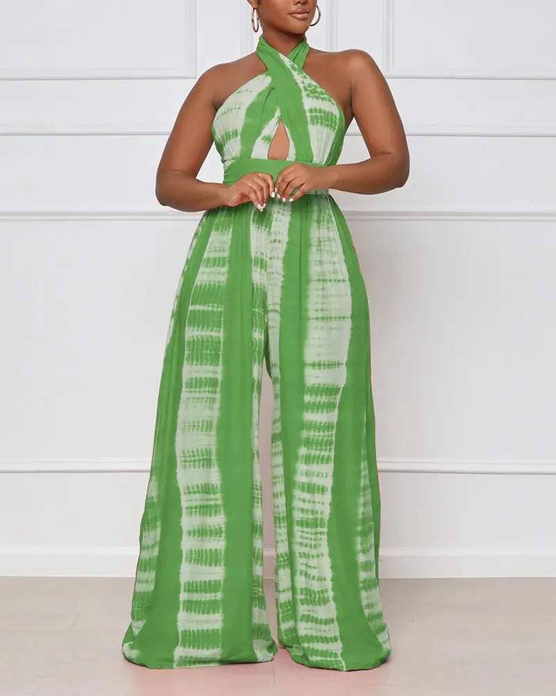 Print halter backless high waist wide leg jumpsuit: ORANGE / 1-1-1-1 / S-M-L-XL