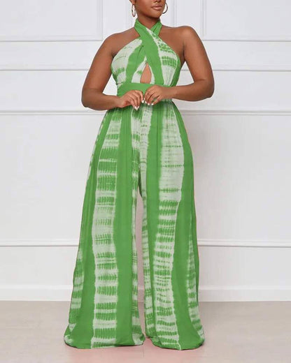 Print halter backless high waist wide leg jumpsuit: ORANGE / 1-1-1-1 / S-M-L-XL
