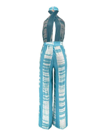 Print halter backless high waist wide leg jumpsuit: ORANGE / 1-1-1-1 / S-M-L-XL
