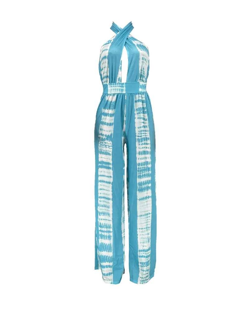Print halter backless high waist wide leg jumpsuit: ORANGE / 1-1-1-1 / S-M-L-XL