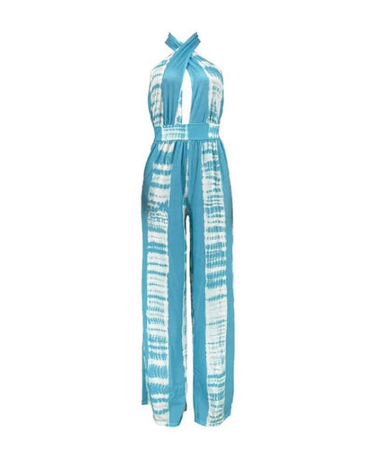 Print halter backless high waist wide leg jumpsuit: ORANGE / 1-1-1-1 / S-M-L-XL