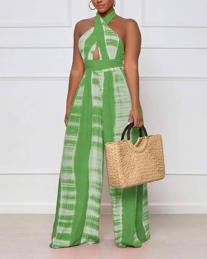Print halter backless high waist wide leg jumpsuit: ORANGE / 1-1-1-1 / S-M-L-XL