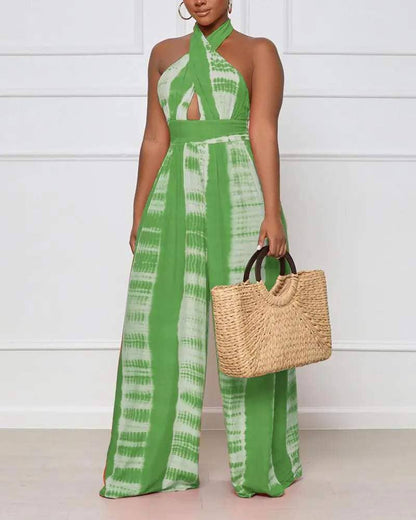 Print halter backless high waist wide leg jumpsuit: ORANGE / 1-1-1-1 / S-M-L-XL