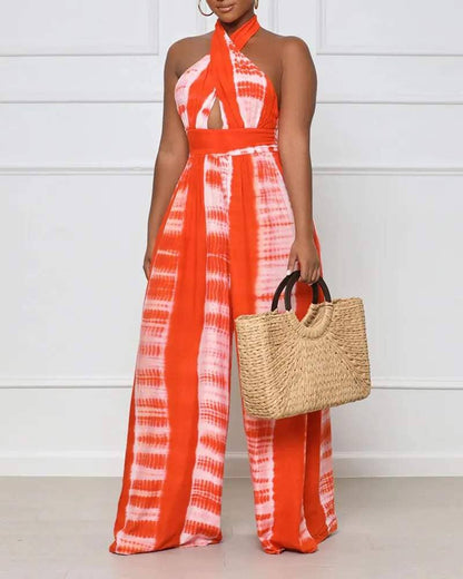 Print halter backless high waist wide leg jumpsuit: ORANGE / 1-1-1-1 / S-M-L-XL