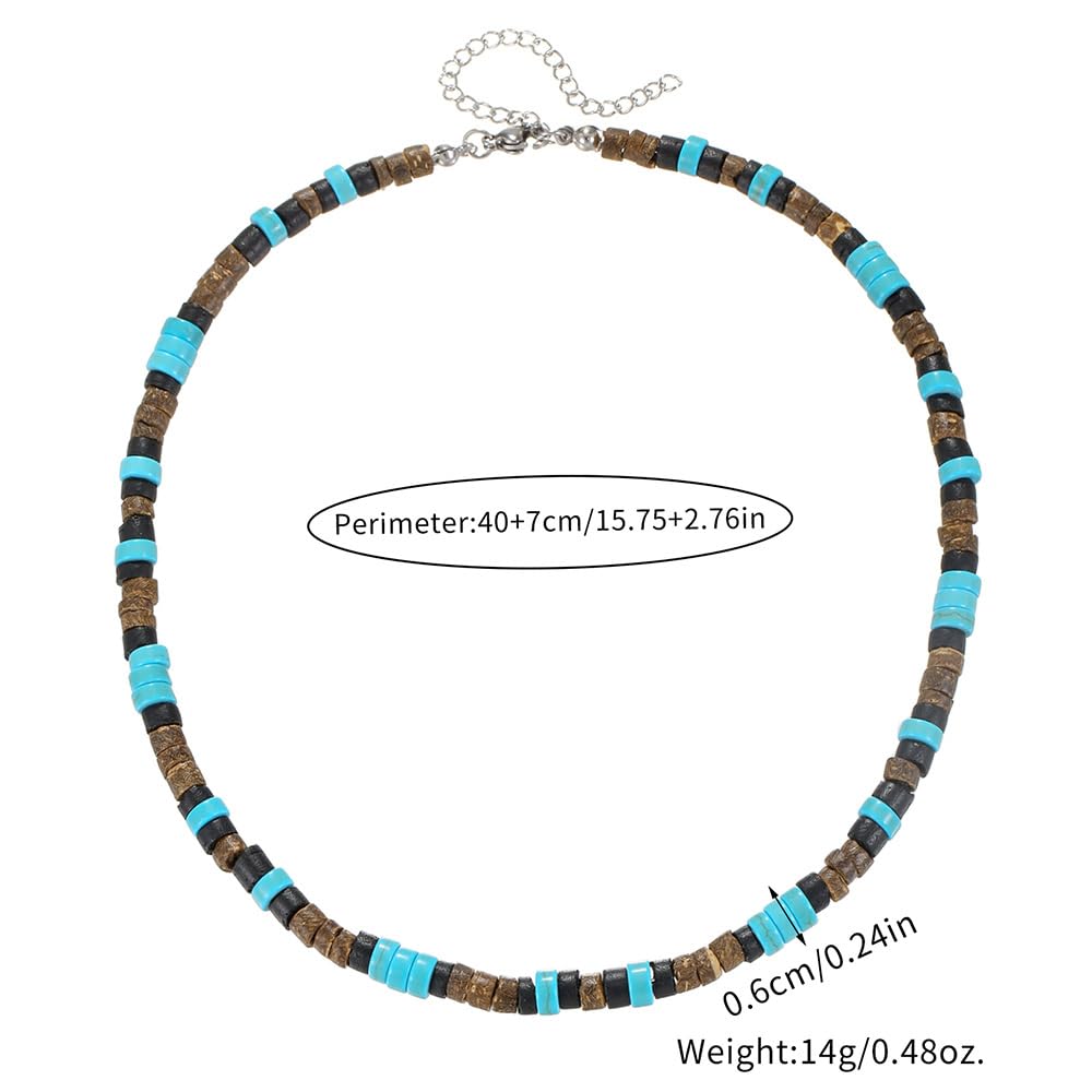 Beaded Necklace for Men,Handmade Men Turquoise Beaded Choker,Natural Wood Bead Necklaces Africa Wooden Chain Statement Unisex Strand Necklaces Hip Hop Beach Jewelry