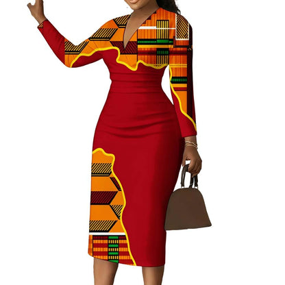 African Geometric Print Women Bodycon Dress V-Neck Long Sleeve Midi Dress