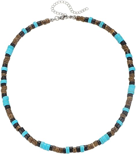 Beaded Necklace for Men,Handmade Men Turquoise Beaded Choker,Natural Wood Bead Necklaces Africa Wooden Chain Statement Unisex Strand Necklaces Hip Hop Beach Jewelry