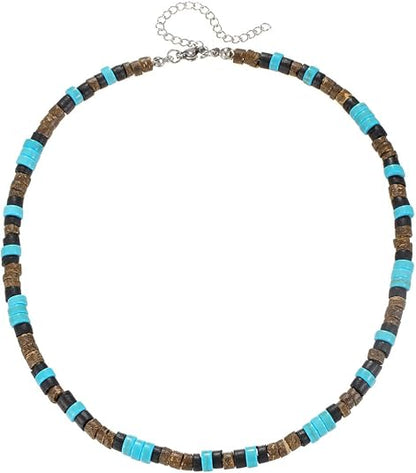 Beaded Necklace for Men,Handmade Men Turquoise Beaded Choker,Natural Wood Bead Necklaces Africa Wooden Chain Statement Unisex Strand Necklaces Hip Hop Beach Jewelry