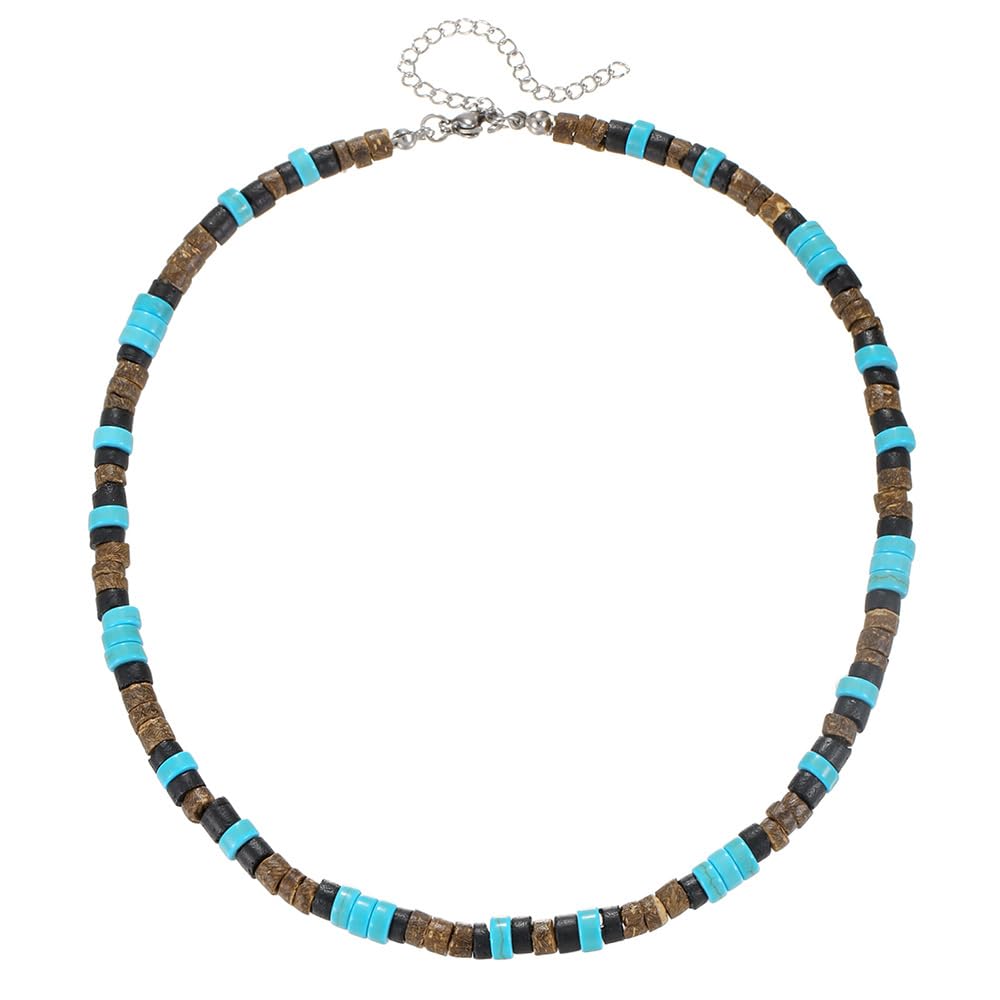 Beaded Necklace for Men,Handmade Men Turquoise Beaded Choker,Natural Wood Bead Necklaces Africa Wooden Chain Statement Unisex Strand Necklaces Hip Hop Beach Jewelry
