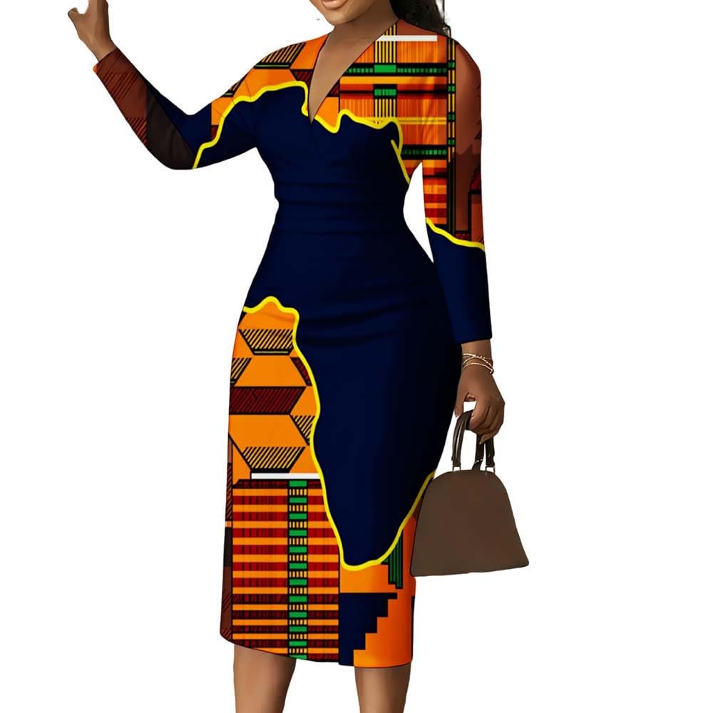 African Geometric Print Women Bodycon Dress V-Neck Long Sleeve Midi Dress