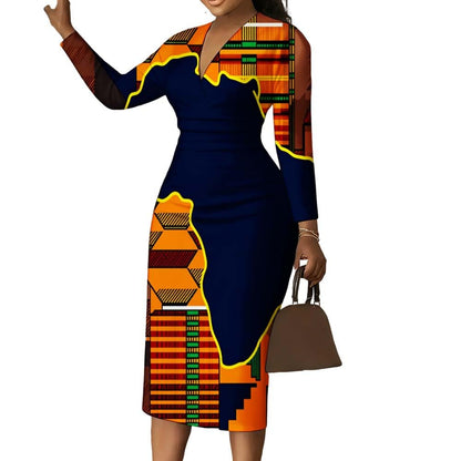 African Geometric Print Women Bodycon Dress V-Neck Long Sleeve Midi Dress
