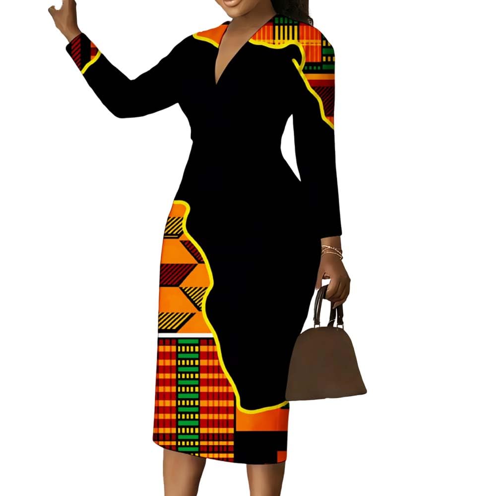 African Geometric Print Women Bodycon Dress V-Neck Long Sleeve Midi Dress
