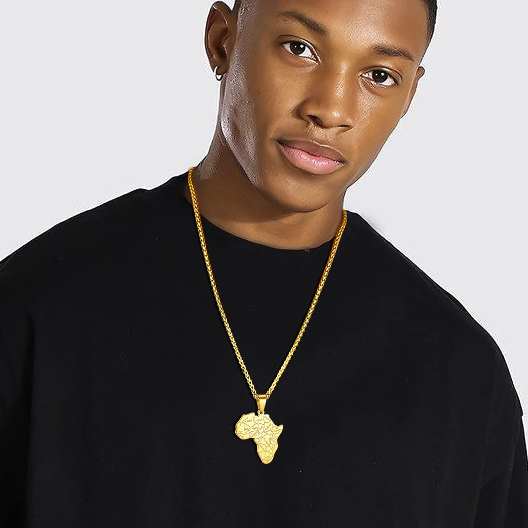 GOLDCHIC JEWELRY Africa Map Necklace for Men, Stainless Steel African Tribal/Egyptian Eye of Horus/I LOVE AFRICA/Elephant Map Hiphop Jewelry Unisex with 22'+2'Adjustable Chain
