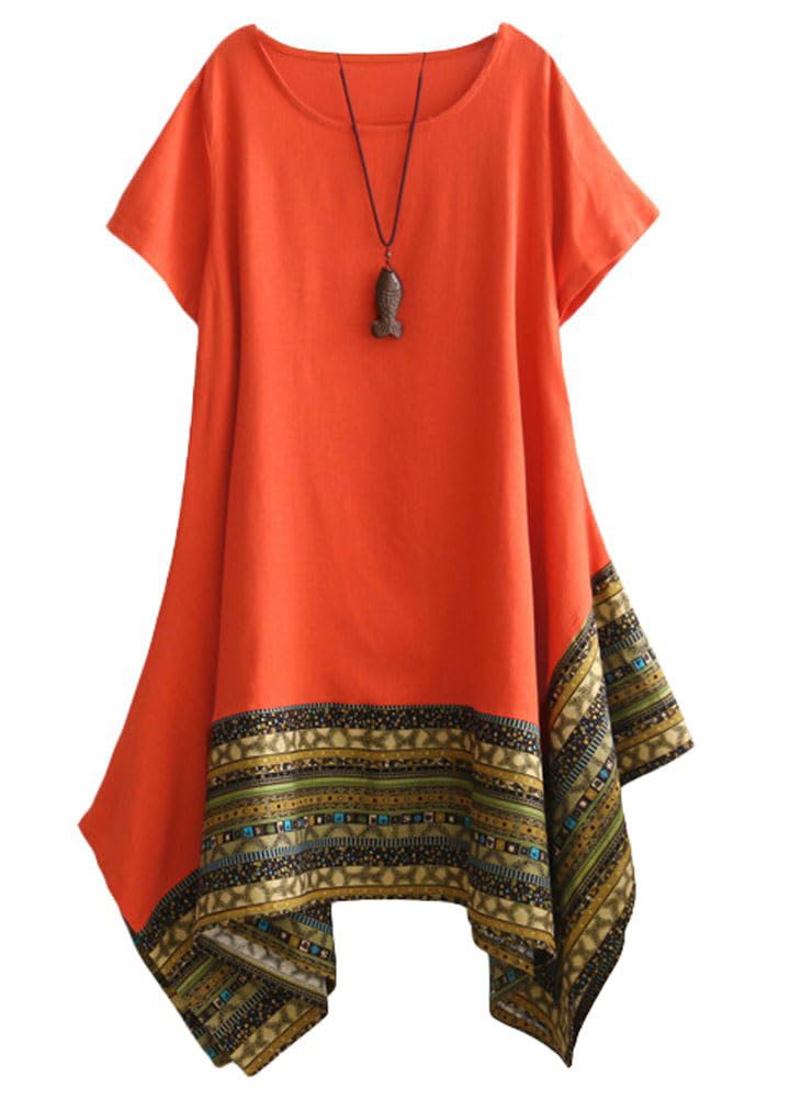 Minibee Women's Ethnic Cotton Linen Short/Long Sleeves Irregular Dress