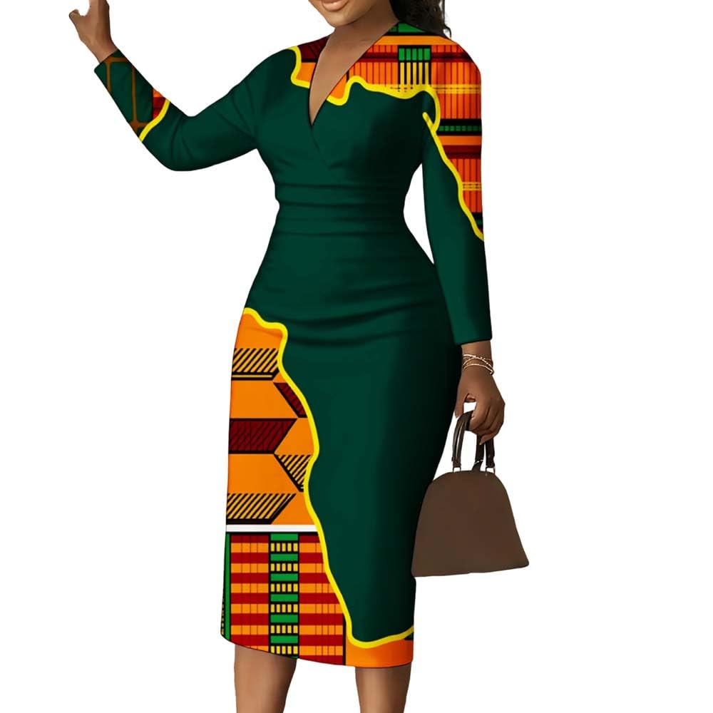 African Geometric Print Women Bodycon Dress V-Neck Long Sleeve Midi Dress