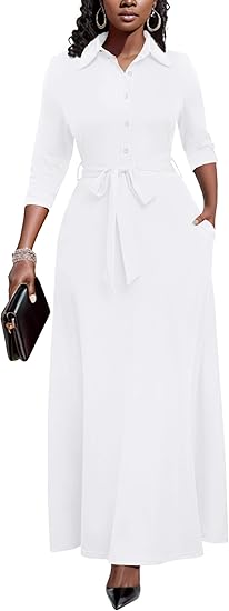 Runwind Women Church Maxi Dresses 3/4 Sleeve Button Down Print Casual Office Dress African