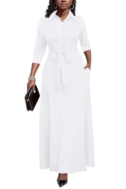 Runwind Women Church Maxi Dresses 3/4 Sleeve Button Down Print Casual Office Dress African