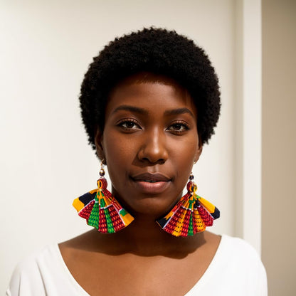 African Earrings for Women Kente Print Dangle Earring Fan-Shaped