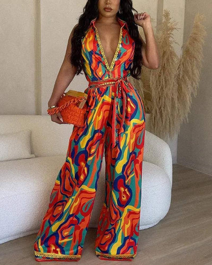 Multi color abstract print wide leg jumpsuit: MULTICOLOR / 1-1-1-1 / S-M-L-XL
