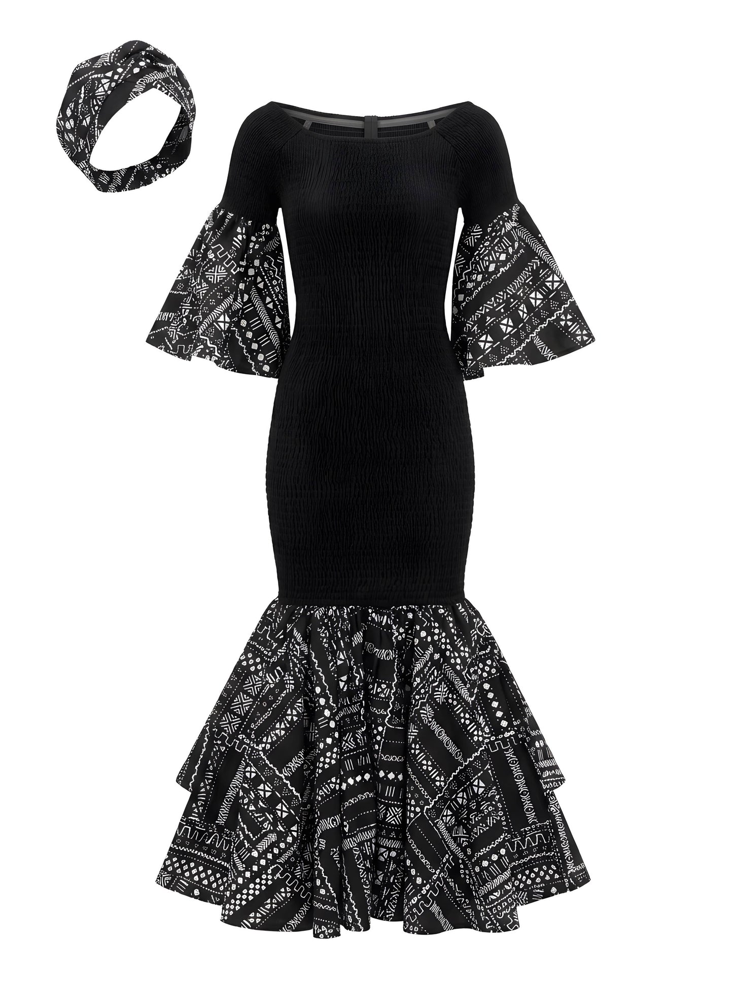 African Trim Black Long Smocked Mermaid/Fish Tail Dress | One Size & Plus Size: One Size