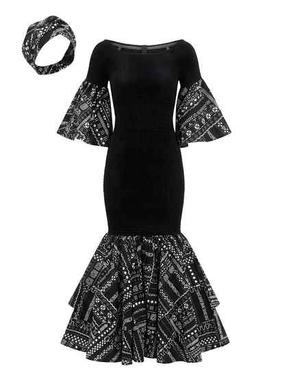 African Trim Black Long Smocked Mermaid/Fish Tail Dress | One Size & Plus Size: One Size