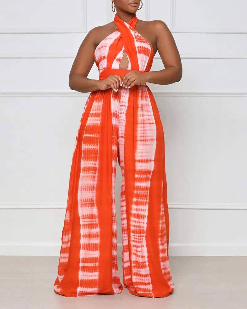 Print halter backless high waist wide leg jumpsuit: ORANGE / 1-1-1-1 / S-M-L-XL