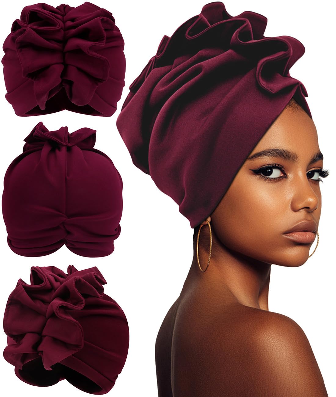 Babalet Stretch Turban Hats for Women, African Double-Layered Headwraps Soft Pre Tied Pleated Ruffled Hat