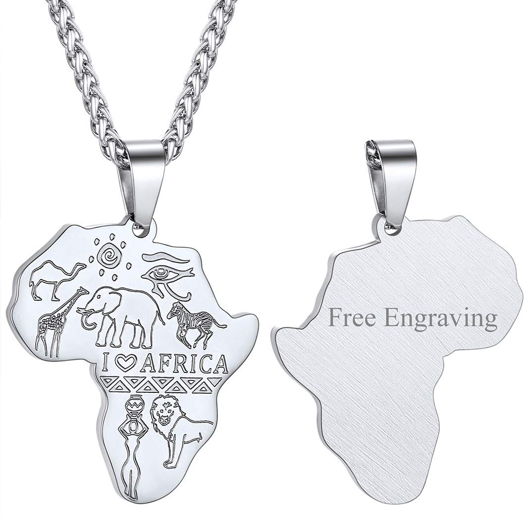 GOLDCHIC JEWELRY Africa Map Necklace for Men, Stainless Steel African Tribal/Egyptian Eye of Horus/I LOVE AFRICA/Elephant Map Hiphop Jewelry Unisex with 22'+2'Adjustable Chain
