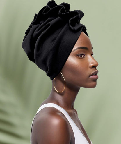 Babalet Stretch Turban Hats for Women, African Double-Layered Headwraps Soft Pre Tied Pleated Ruffled Hat