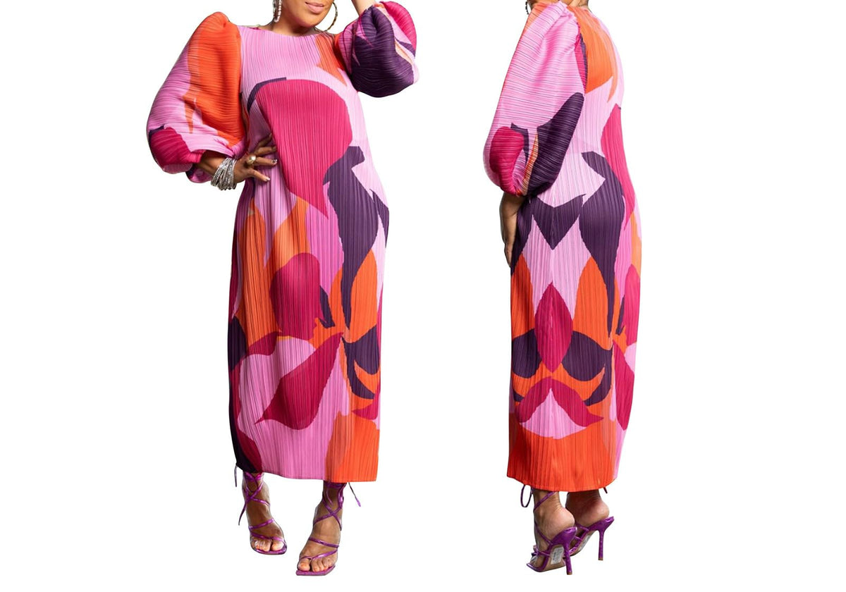 Women Colorful African Dress Floral Party Pleated Maxi Dress