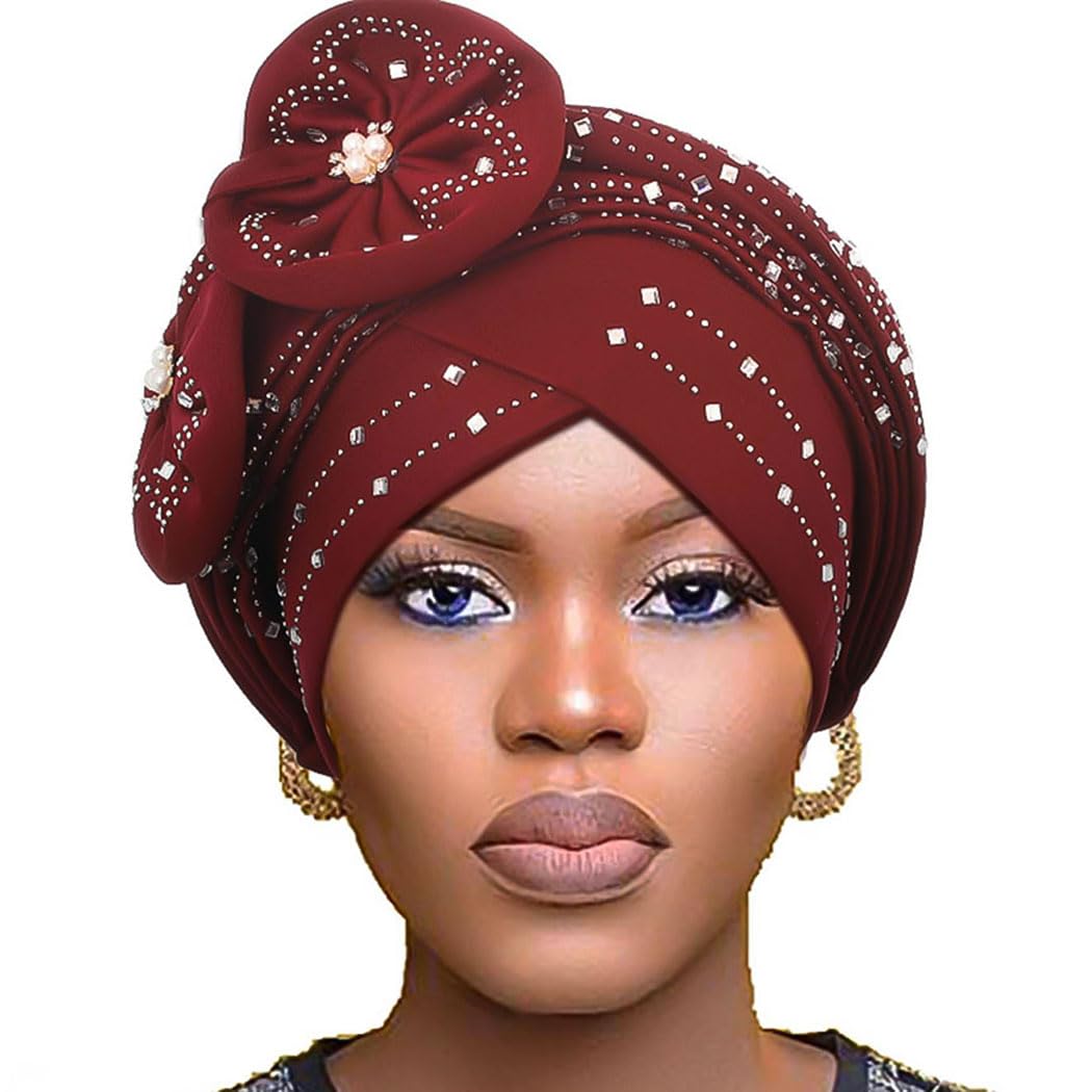 Woeoe Beanie Cap Head Wrap Black Rhinestones Head Scarf Flower Pearls Twisted Head Turban for Women Girls
