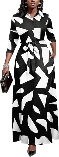 Runwind Women Church Maxi Dresses 3/4 Sleeve Button Down Print Casual Office Dress African
