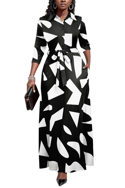 Runwind Women Church Maxi Dresses 3/4 Sleeve Button Down Print Casual Office Dress African