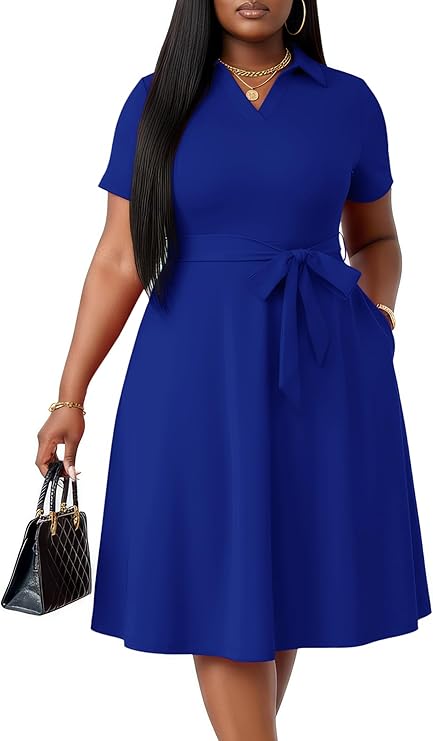 FANDEE Plus Size Dresses, Women Summer Casual V Neck Short Sleeve A-Line Work Cocktail Shirt Midi Dress with Belt and Pockets