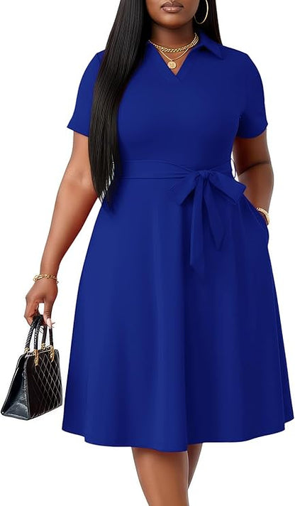 FANDEE Plus Size Dresses, Women Summer Casual V Neck Short Sleeve A-Line Work Cocktail Shirt Midi Dress with Belt and Pockets