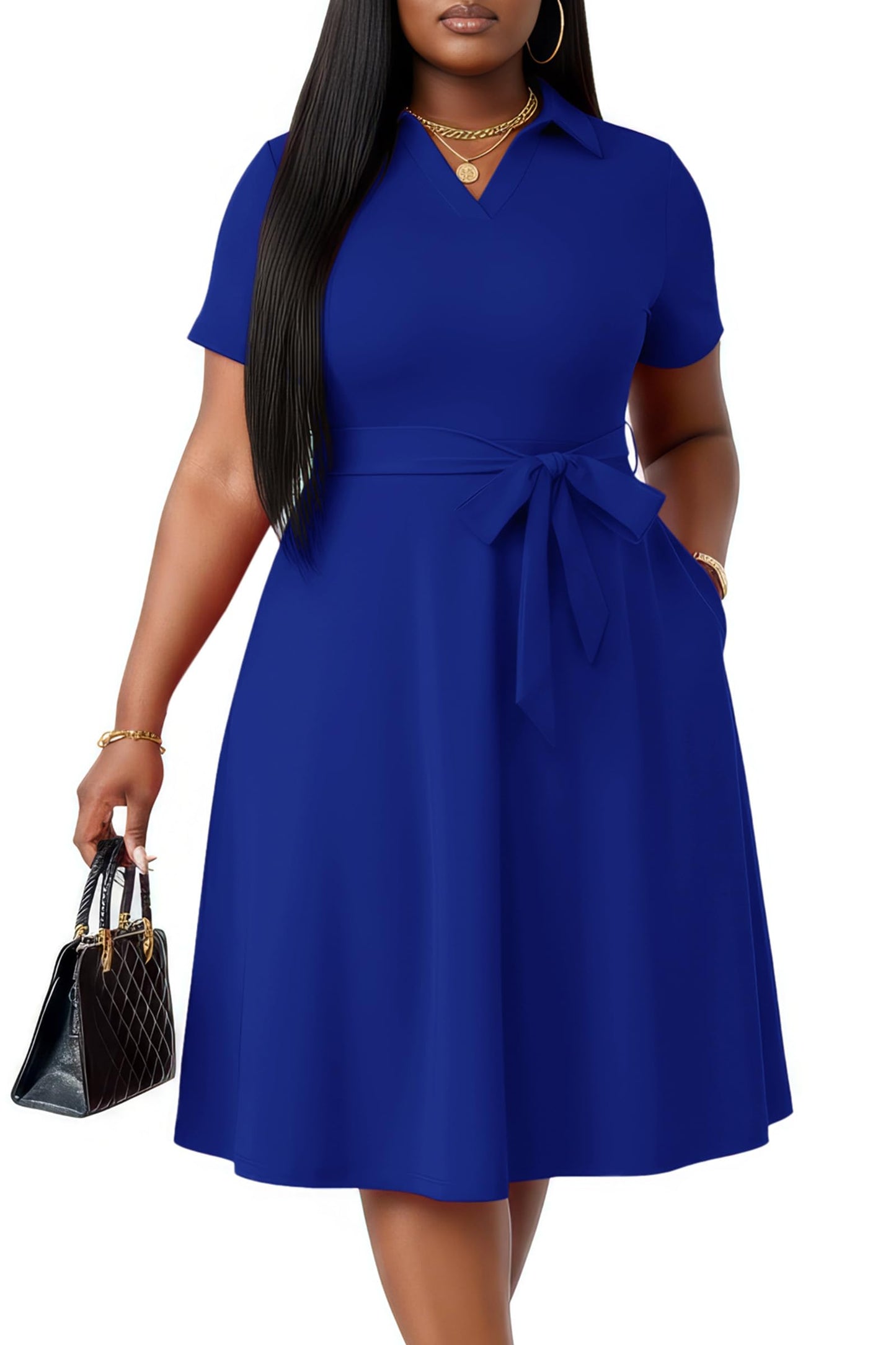 FANDEE Plus Size Dresses, Women Summer Casual V Neck Short Sleeve A-Line Work Cocktail Shirt Midi Dress with Belt and Pockets