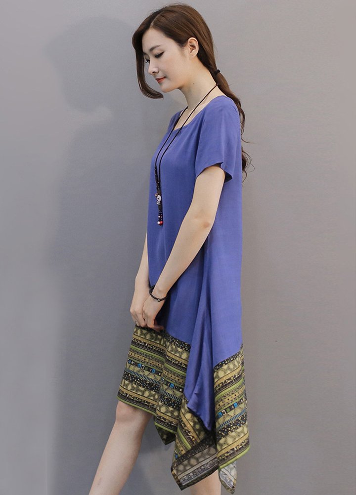 Minibee Women's Ethnic Cotton Linen Short/Long Sleeves Irregular Dress