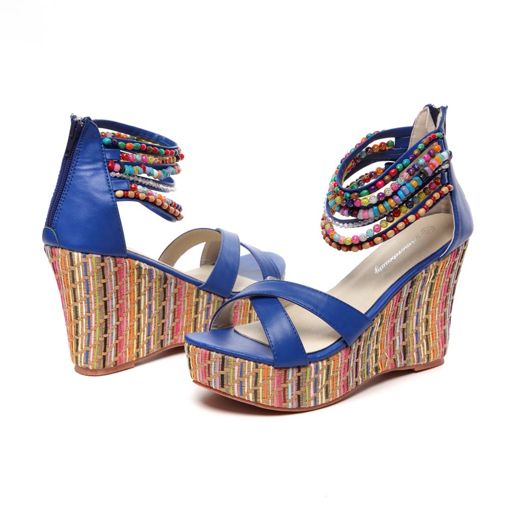 getmorebeauty Women's Wedge Sandals With Pearls Across The Top Platform Sandals High Heels