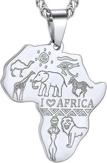 GOLDCHIC JEWELRY Africa Map Necklace for Men, Stainless Steel African Tribal/Egyptian Eye of Horus/I LOVE AFRICA/Elephant Map Hiphop Jewelry Unisex with 22'+2'Adjustable Chain
