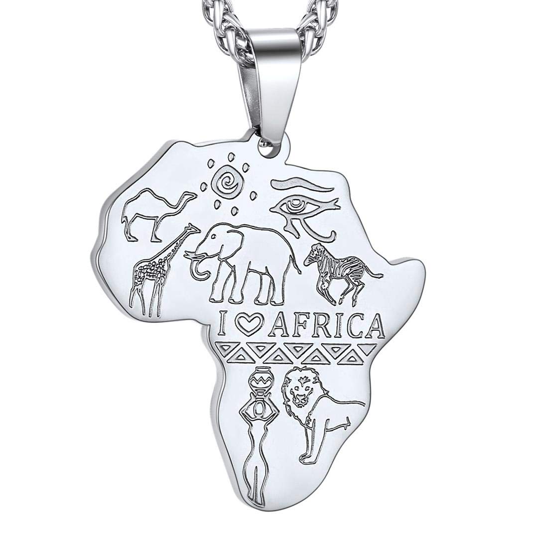 GOLDCHIC JEWELRY Africa Map Necklace for Men, Stainless Steel African Tribal/Egyptian Eye of Horus/I LOVE AFRICA/Elephant Map Hiphop Jewelry Unisex with 22'+2'Adjustable Chain